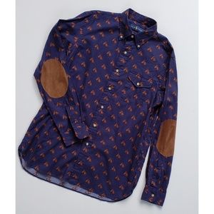 Ralph Lauren Flannel Suede Elbow Horse Navy Shirt
